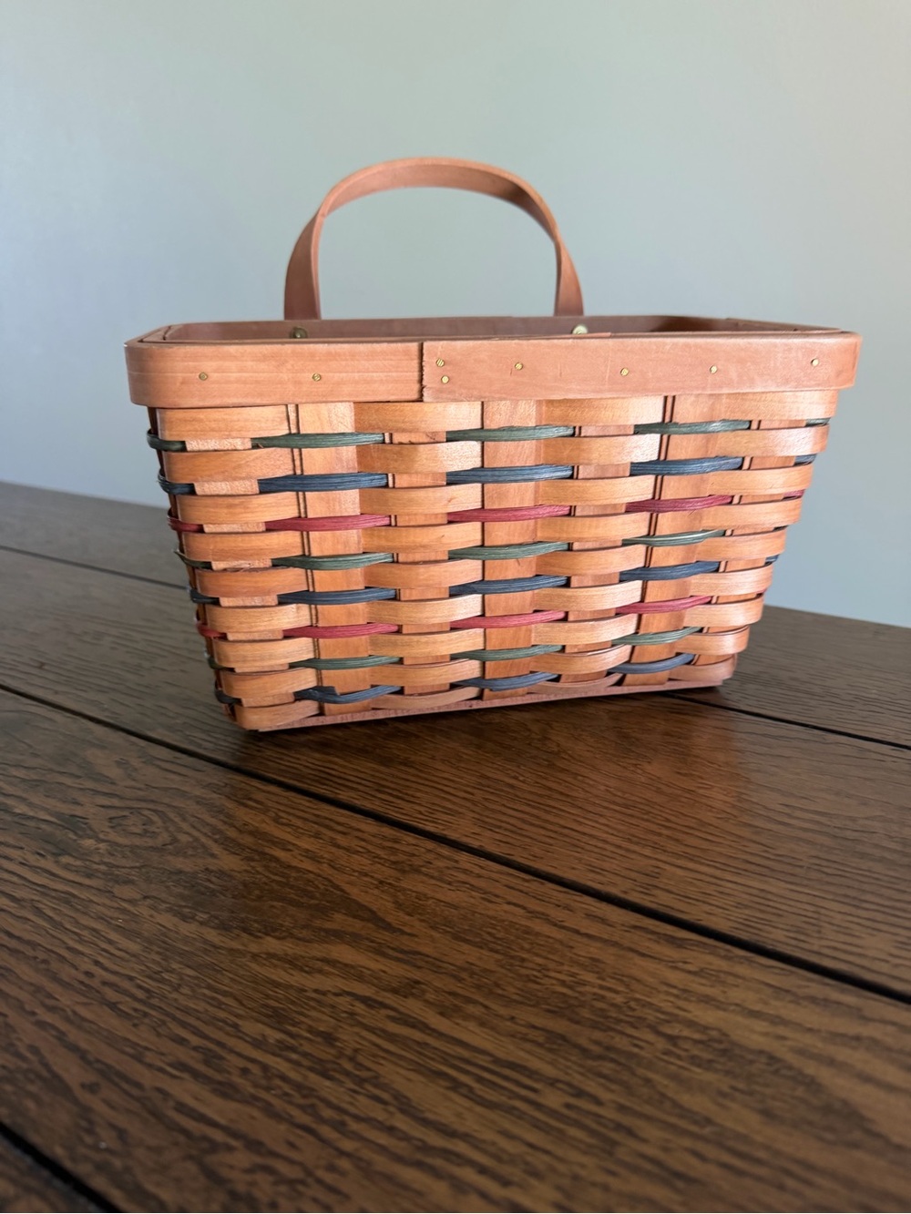 Vintage Woven Wood Market Basket Hanging Handle Rustic Primitive Farmhouse Deco - Picture 2 of 11